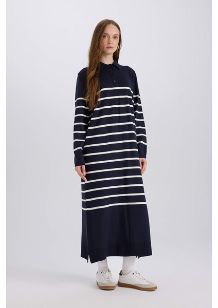 Regular Fit Polo Yaka Çizgili Maxi Triko Elbise A9801AX24WN