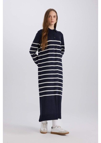 Regular Fit Polo Yaka Çizgili Maxi Triko Elbise A9801AX24WN