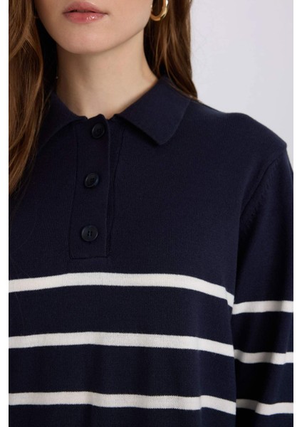 Regular Fit Polo Yaka Çizgili Maxi Triko Elbise A9801AX24WN