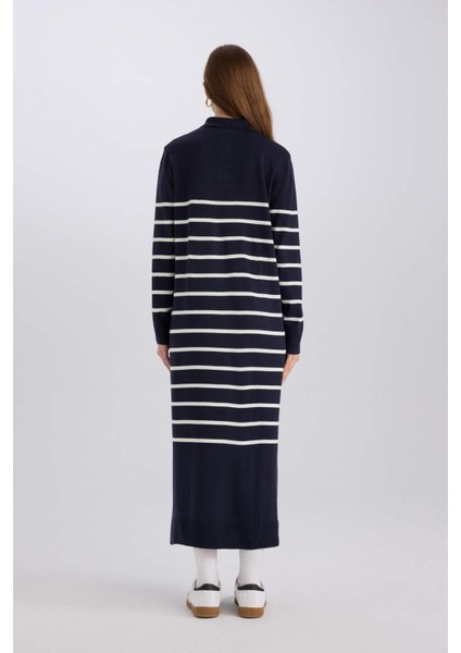 Regular Fit Polo Yaka Çizgili Maxi Triko Elbise A9801AX24WN