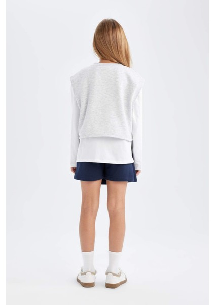 Kız Çocuk 3'lü Takım Baskılı Süveter Uzun Kollu Tişört Basic Düz Şort Etek D2868A824AU