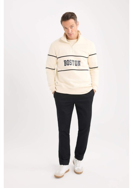 Relax Fit Dik Yaka Fermuarlı Baskılı Kalın Sweatshirt D4714AX24AU