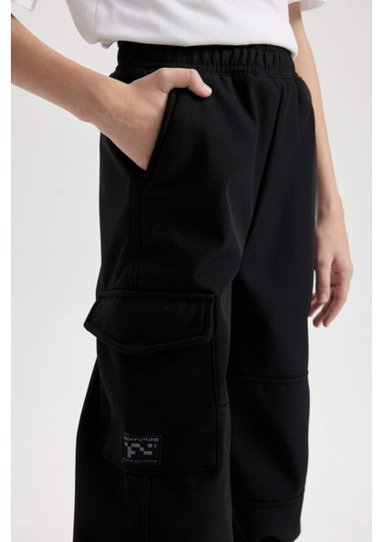 Erkek Çocuk Beli ve Paçası Lastikli Kargo Cepli Pelüş Polar Astarlı Siyah Jogger Pantolon D3460A824WN