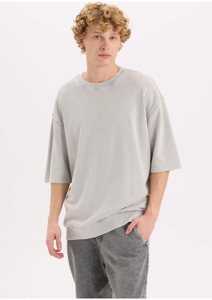 Loose Fit Bisiklet Yaka Yıkamalı Soluk Efektli Kısa Kollu Tişört C0709AX25SP