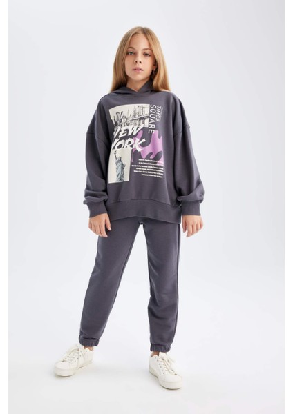 Kız Çocuk 2'li Takım Kapüşonlu Baskılı Sweatshirt Beli Lastikli Jogger Eşofman Altı