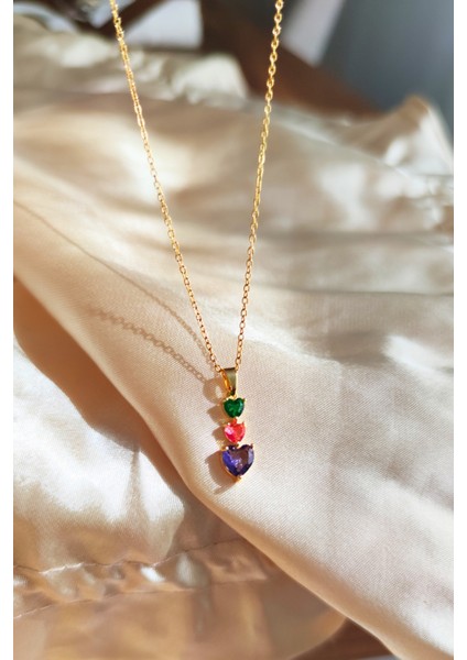 Üç Renkli Taşlı Gold Zincirli Zarif Çelik Kolye