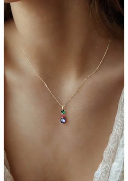 Üç Renkli Taşlı Gold Zincirli Zarif Çelik Kolye fiyatları