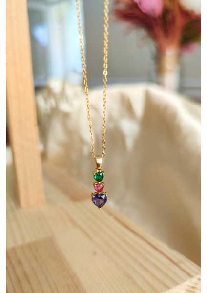 Üç Renkli Taşlı Gold Zincirli Zarif Çelik Kolye modelleri