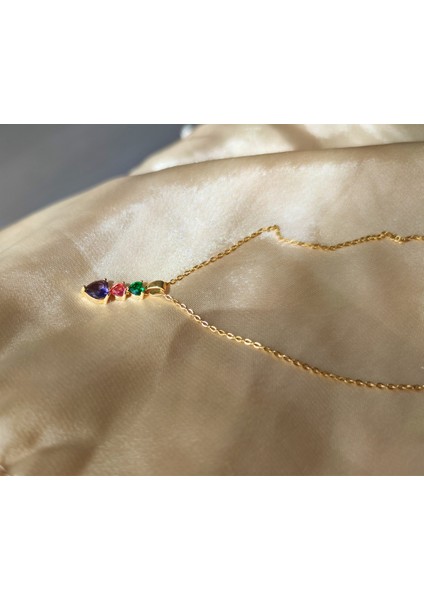 Üç Renkli Taşlı Gold Zincirli Zarif Çelik Kolye indirimleri