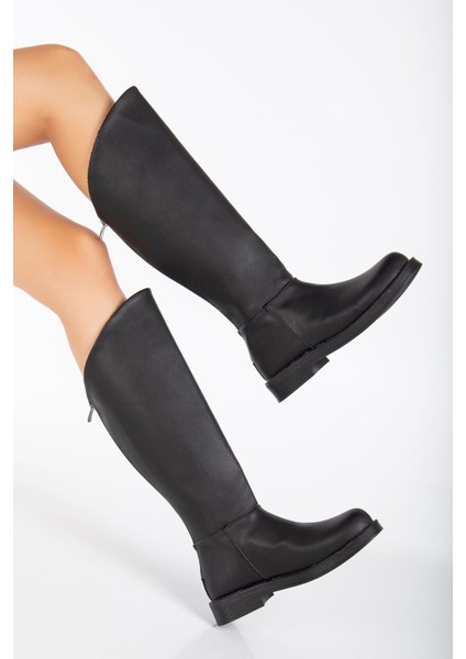 Alinda Arkadan Fermuarlı Deri Çizme Siyah