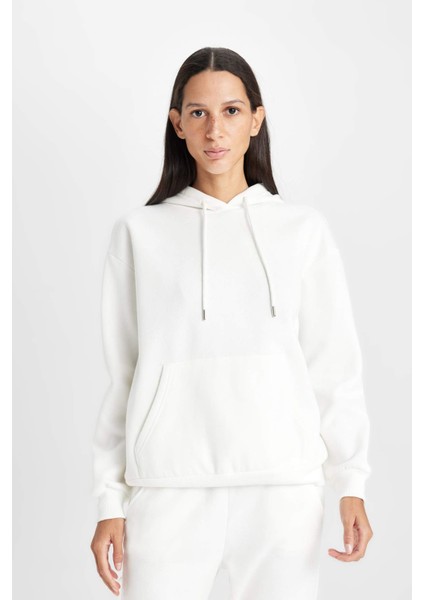 Relax Fit Kapüşonlu Kanguru Cepli Kalın Basic Düz Sweatshirt W1240AZ24WN