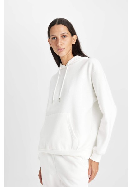 Relax Fit Kapüşonlu Kanguru Cepli Kalın Basic Düz Sweatshirt W1240AZ24WN