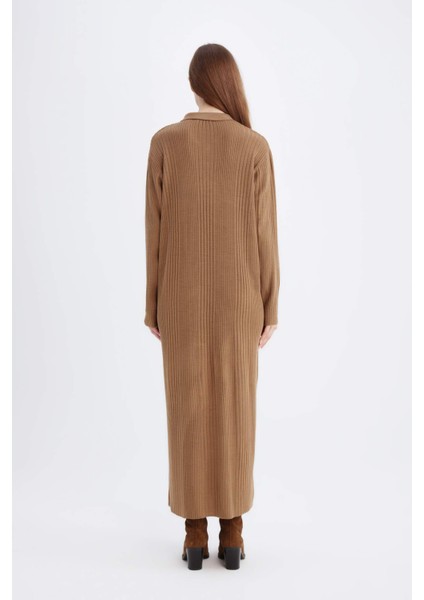 Regular Fit Polo Yaka Basic Düz Maxi Triko Elbise D5434AX24WN