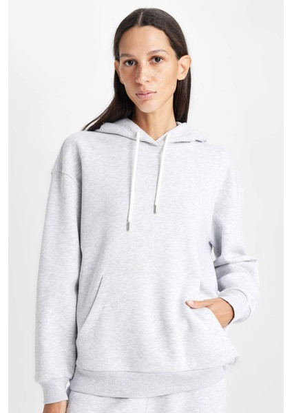 Relax Fit Kapüşonlu Kanguru Cepli Kalın Basic Düz Sweatshirt W1240AZ24WN