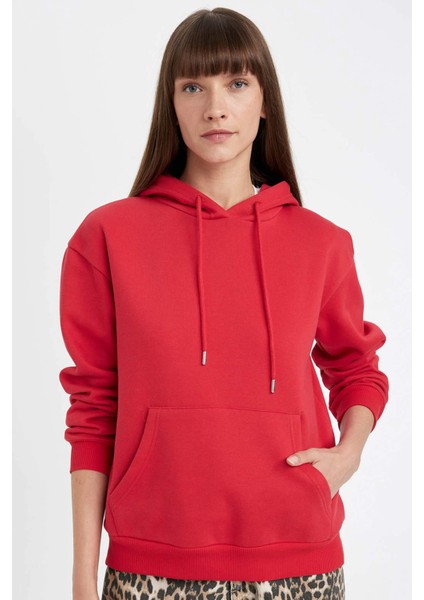 Relax Fit Kapüşonlu Kanguru Cepli Kalın Basic Düz Sweatshirt W1240AZ24WN