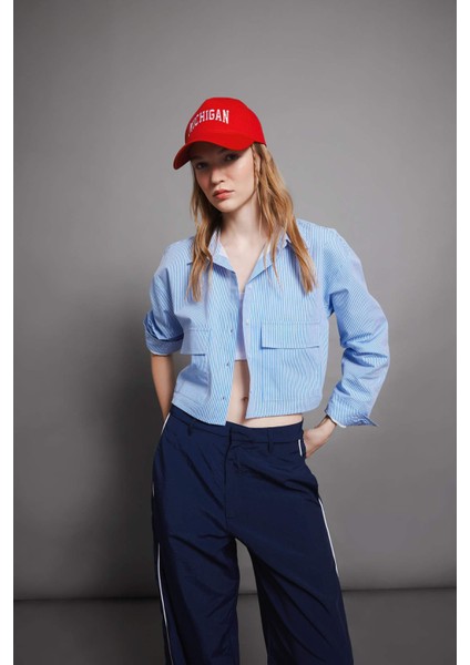 Coool Crop Çizgili Cepli Poplin Uzun Kollu Gömlek