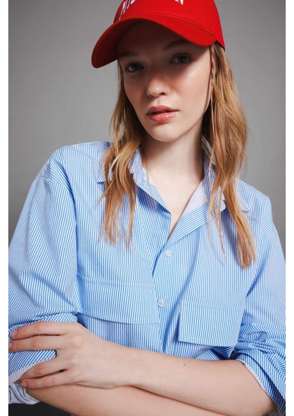 Coool Crop Çizgili Cepli Poplin Uzun Kollu Gömlek