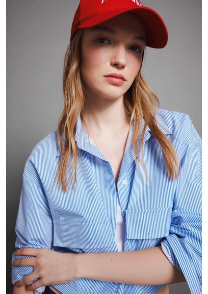 Coool Crop Çizgili Cepli Poplin Uzun Kollu Gömlek