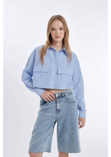 Coool Crop Çizgili Cepli Poplin Uzun Kollu Gömlek