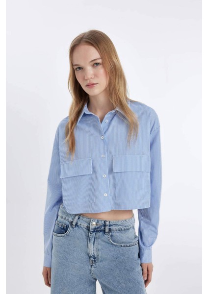 Coool Crop Çizgili Cepli Poplin Uzun Kollu Gömlek