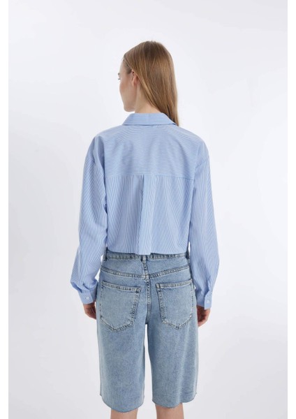Coool Crop Çizgili Cepli Poplin Uzun Kollu Gömlek