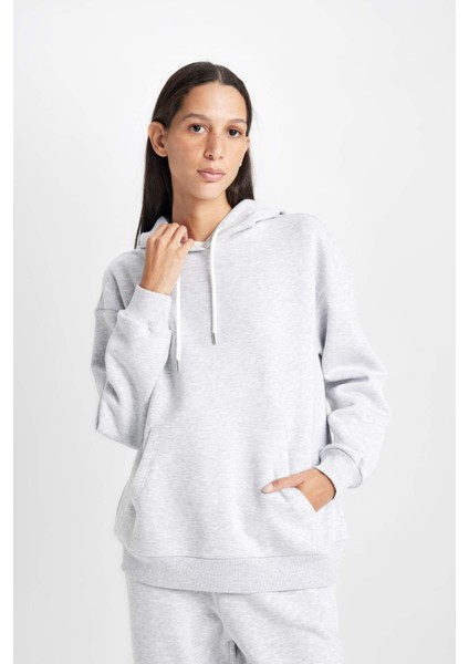 Relax Fit Kapüşonlu Kanguru Cepli Kalın Basic Düz Sweatshirt W1240AZ24WN