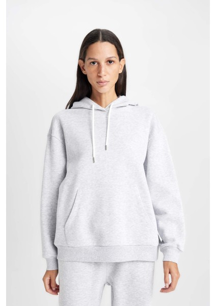 Relax Fit Kapüşonlu Kanguru Cepli Kalın Basic Düz Sweatshirt W1240AZ24WN