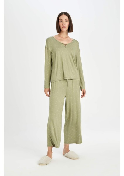 Pijama Takım Viskon Puantiyeli Uzun Kollu Üst Beli Lastikli Alt-Fall in Love D5659AX24AU