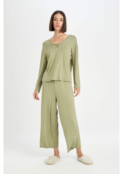 Pijama Takım Viskon Puantiyeli Uzun Kollu Üst Beli Lastikli Alt-Fall in Love D5659AX24AU