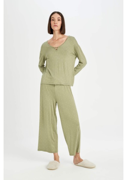Pijama Takım Viskon Puantiyeli Uzun Kollu Üst Beli Lastikli Alt-Fall in Love D5659AX24AU