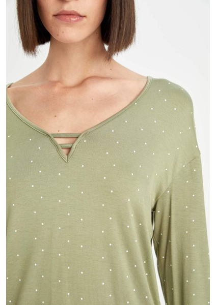 Pijama Takım Viskon Puantiyeli Uzun Kollu Üst Beli Lastikli Alt-Fall in Love D5659AX24AU