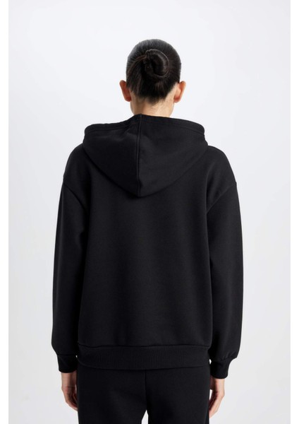 Relax Fit Kapüşonlu Kanguru Cepli Kalın Basic Düz Siyah Sweatshirt W1240AZ24WN