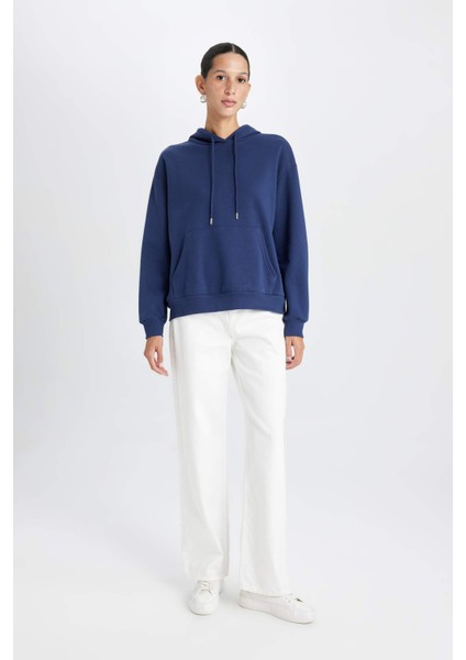 Relax Fit Kapüşonlu Kanguru Cepli Kalın Basic Düz Sweatshirt W1240AZ24WN