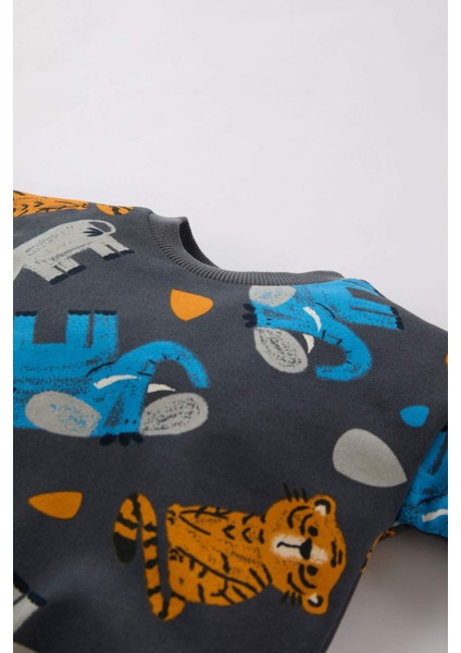 Erkek Bebek 2'li Takım Hayvan Desenli Sweatshirt Beli Lastikli Alt D5897A524WN