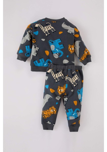 Erkek Bebek 2'li Takım Hayvan Desenli Sweatshirt Beli Lastikli Alt D5897A524WN