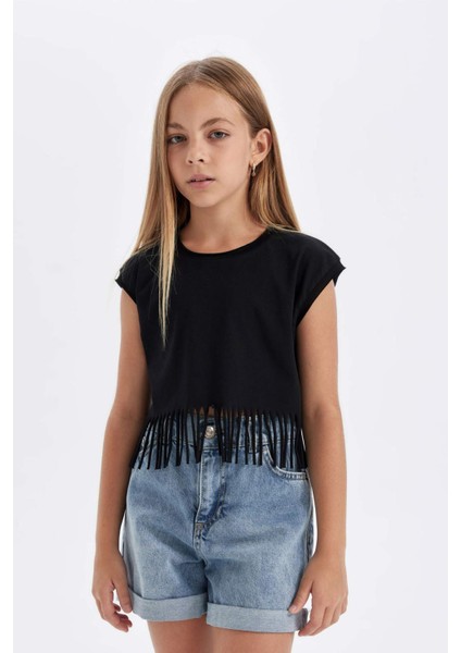 Kız Çocuk Bisiklet Yaka Crop Kısa Kollu Tişört D5889A824SP