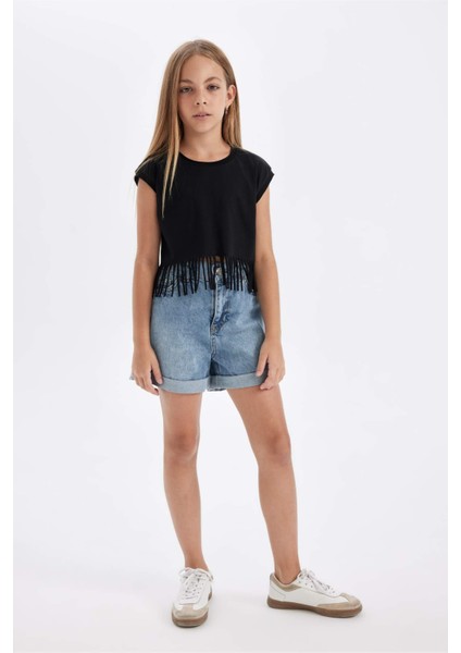 Kız Çocuk Bisiklet Yaka Crop Kısa Kollu Tişört D5889A824SP