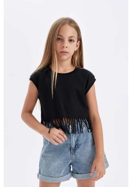 Kız Çocuk Bisiklet Yaka Crop Kısa Kollu Tişört D5889A824SP