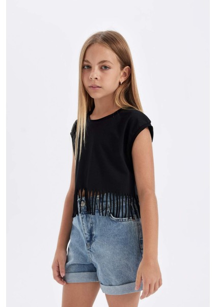 Kız Çocuk Bisiklet Yaka Crop Kısa Kollu Tişört D5889A824SP