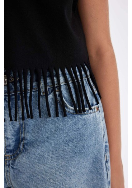 Kız Çocuk Bisiklet Yaka Crop Kısa Kollu Tişört D5889A824SP