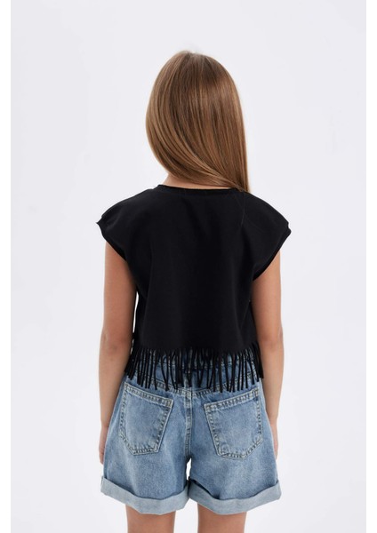 Kız Çocuk Bisiklet Yaka Crop Kısa Kollu Tişört D5889A824SP