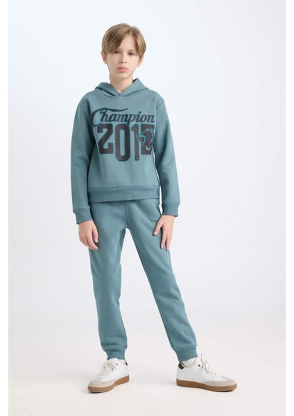 Erkek Çocuk 2'li Takım Kapüşonlu Baskılı Sweatshirt Beli Lastikli Eşofman Altı D3561A824WN