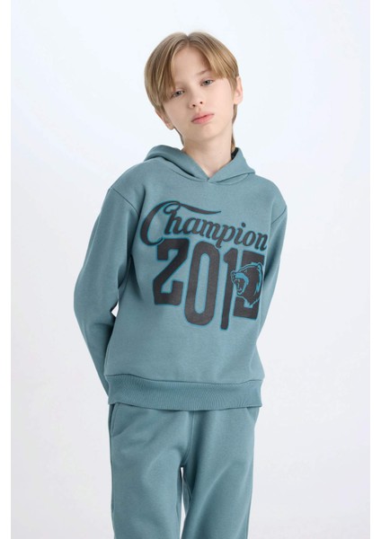 Erkek Çocuk 2'li Takım Kapüşonlu Baskılı Sweatshirt Beli Lastikli Eşofman Altı D3561A824WN