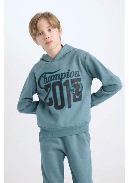 Erkek Çocuk 2'li Takım Kapüşonlu Baskılı Sweatshirt Beli Lastikli Eşofman Altı D3561A824WN