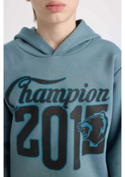 Erkek Çocuk 2'li Takım Kapüşonlu Baskılı Sweatshirt Beli Lastikli Eşofman Altı D3561A824WN