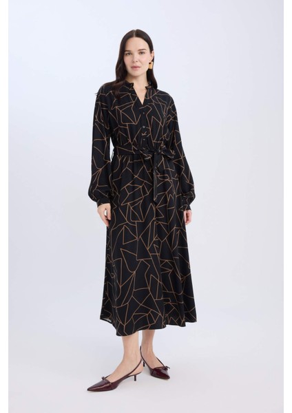 A Kesim Fiyonk Yaka Desenli Belmando Uzun Kollu Maxi Elbise D5948AX24WN