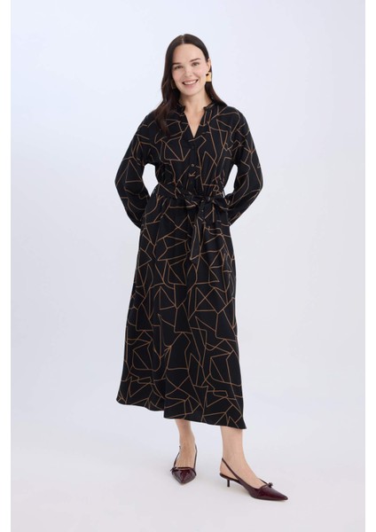 A Kesim Fiyonk Yaka Desenli Belmando Uzun Kollu Maxi Elbise D5948AX24WN