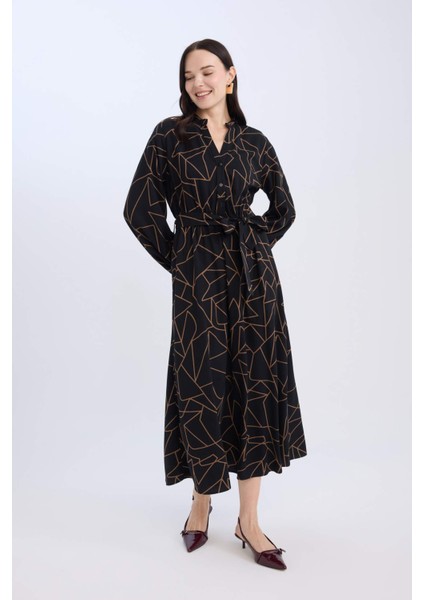 A Kesim Fiyonk Yaka Desenli Belmando Uzun Kollu Maxi Elbise D5948AX24WN