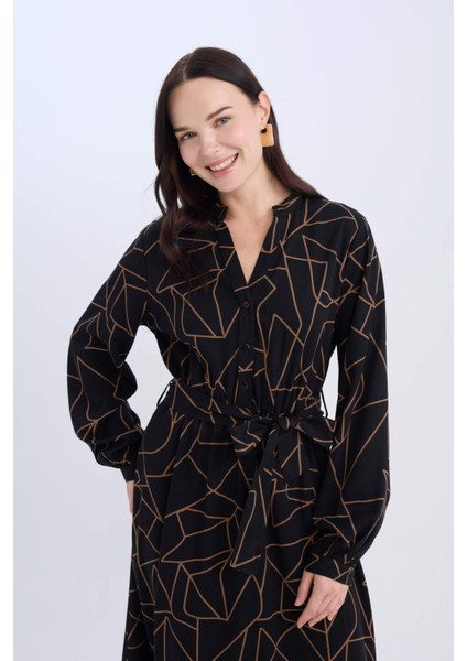 A Kesim Fiyonk Yaka Desenli Belmando Uzun Kollu Maxi Elbise D5948AX24WN