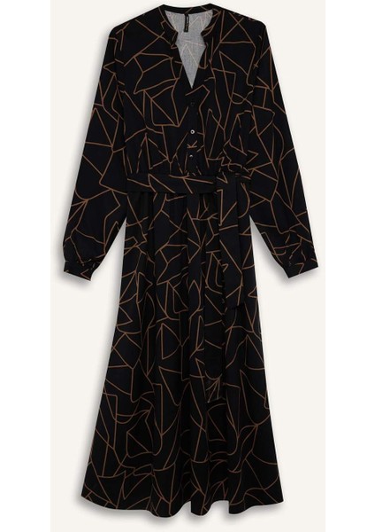 A Kesim Fiyonk Yaka Desenli Belmando Uzun Kollu Maxi Elbise D5948AX24WN